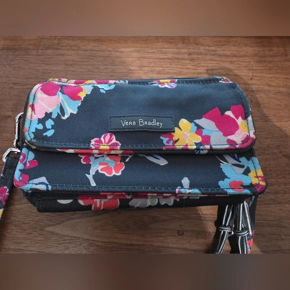 VERA BRADLEY Crossbody RFID Wallet Dark Gray w/Floral Pattern - Picture 2 of 11